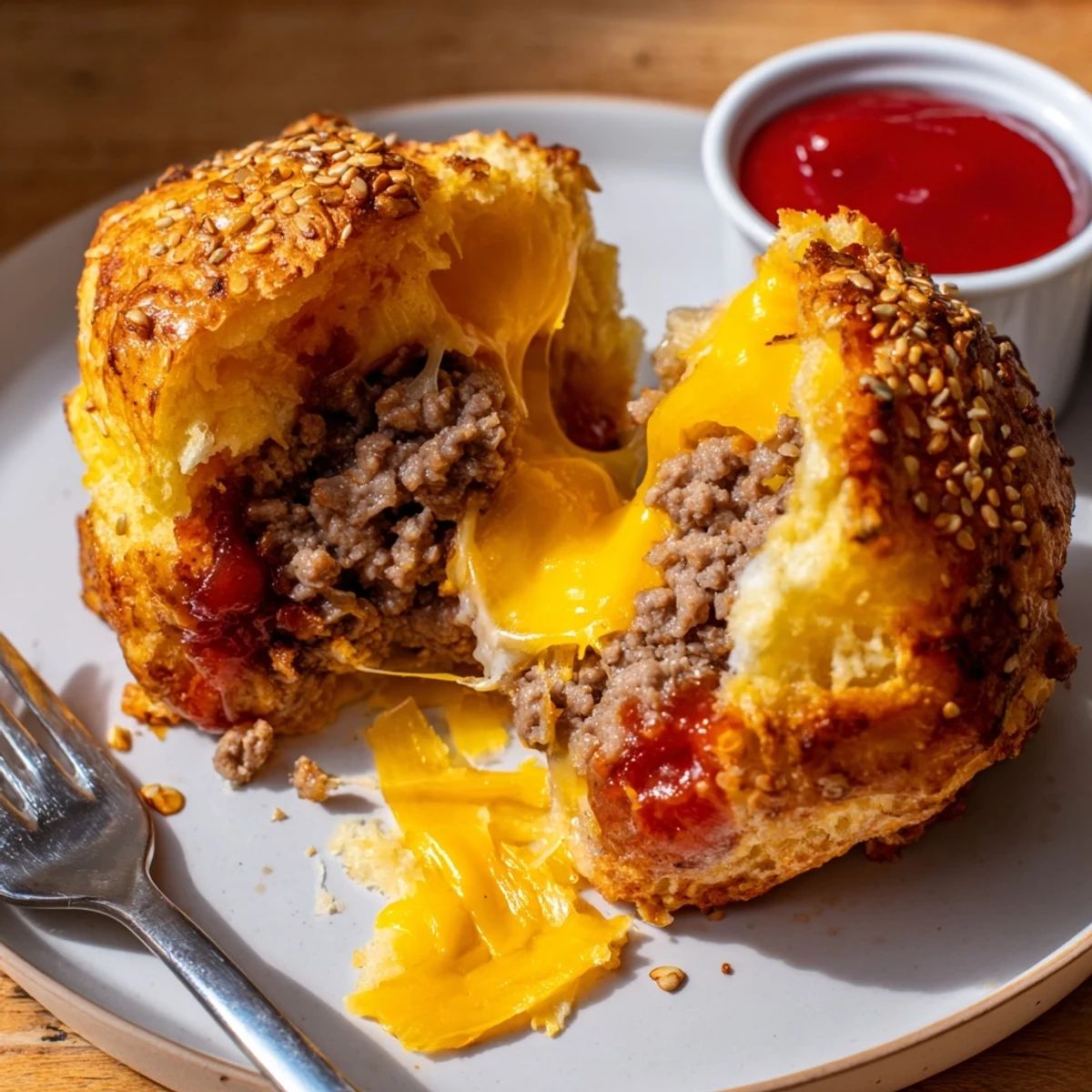 Close-up of Cheesy Cheeseburger Bombs Explosion Recipe, sesame-topped biscuits bursting cheese
