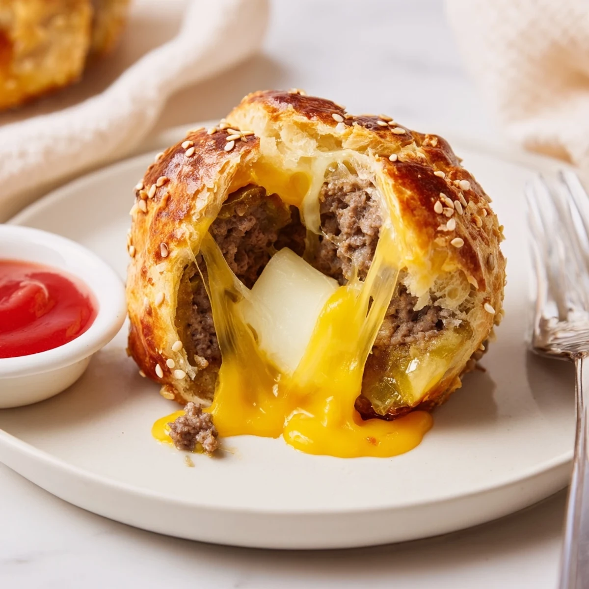 Tray of freshly baked Cheesy Cheeseburger Bombs, juicy beef and melted mozzarella