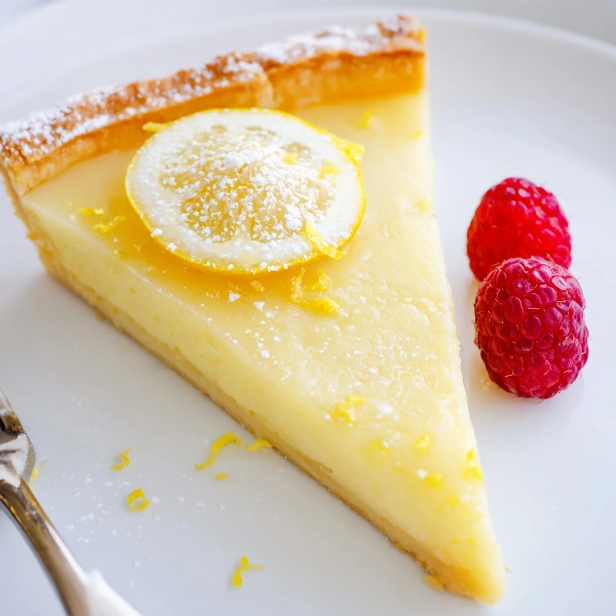 Creamy Lemon Tart with silky filling and crisp buttery crust, dusted with powdered sugar