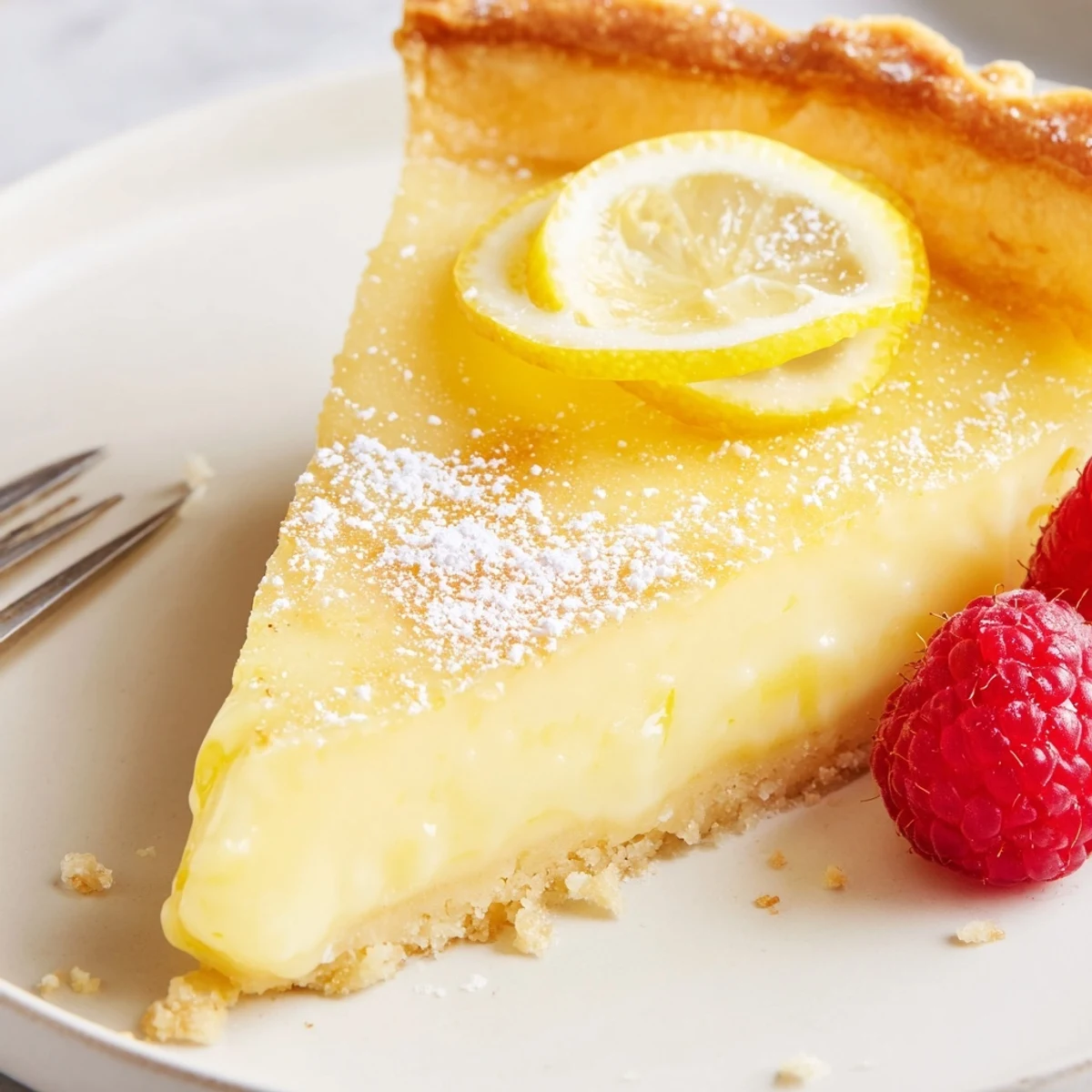 A slice of Creamy Lemon Tart revealing tangy, silky custard and golden crust