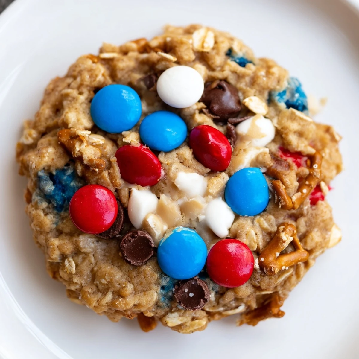 Fresh-baked Patriotic Monster Cookies topped with chocolate chips and mini pretzels