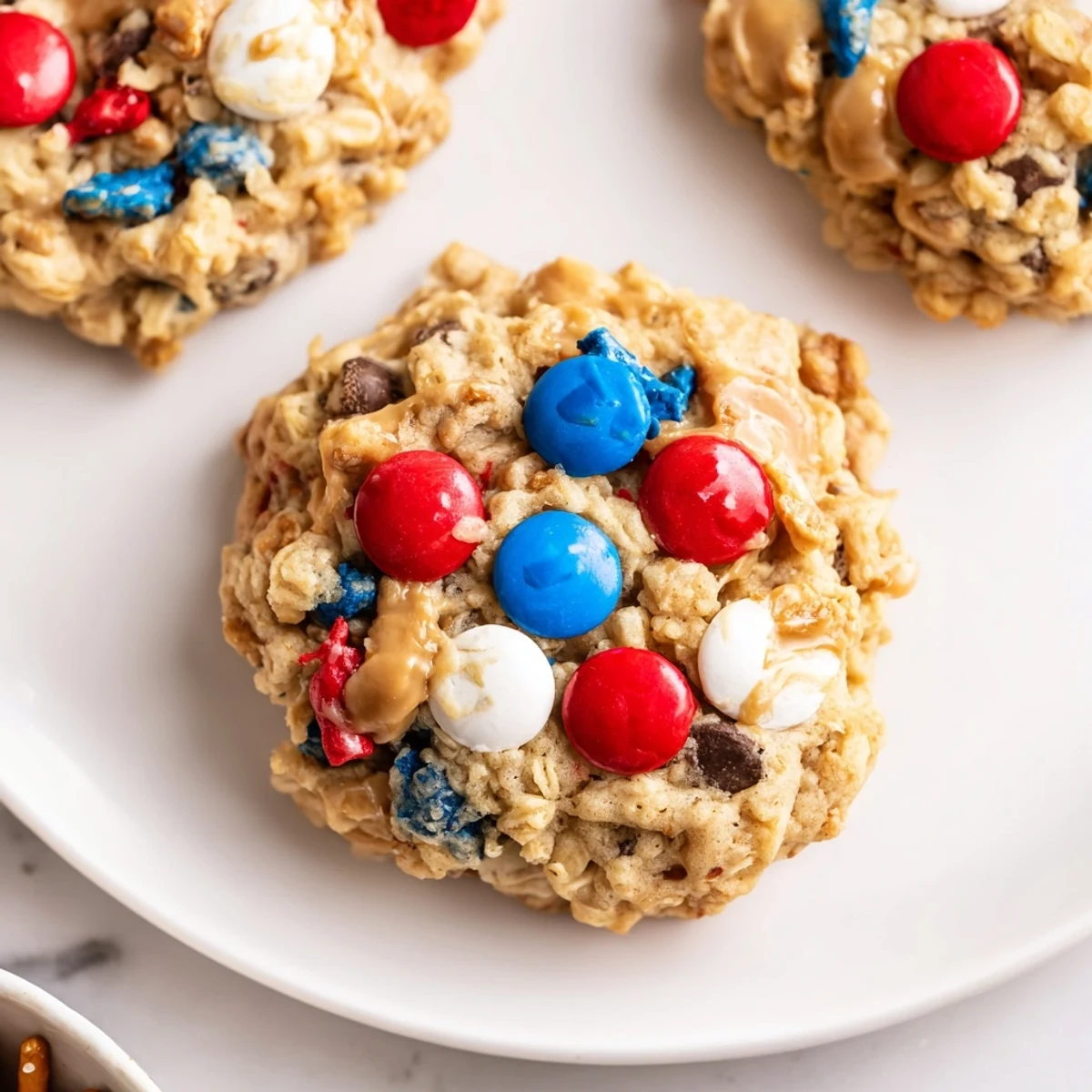Patriotic Monster Cookies Recipe piled warm, chewy with red, white, blue candies