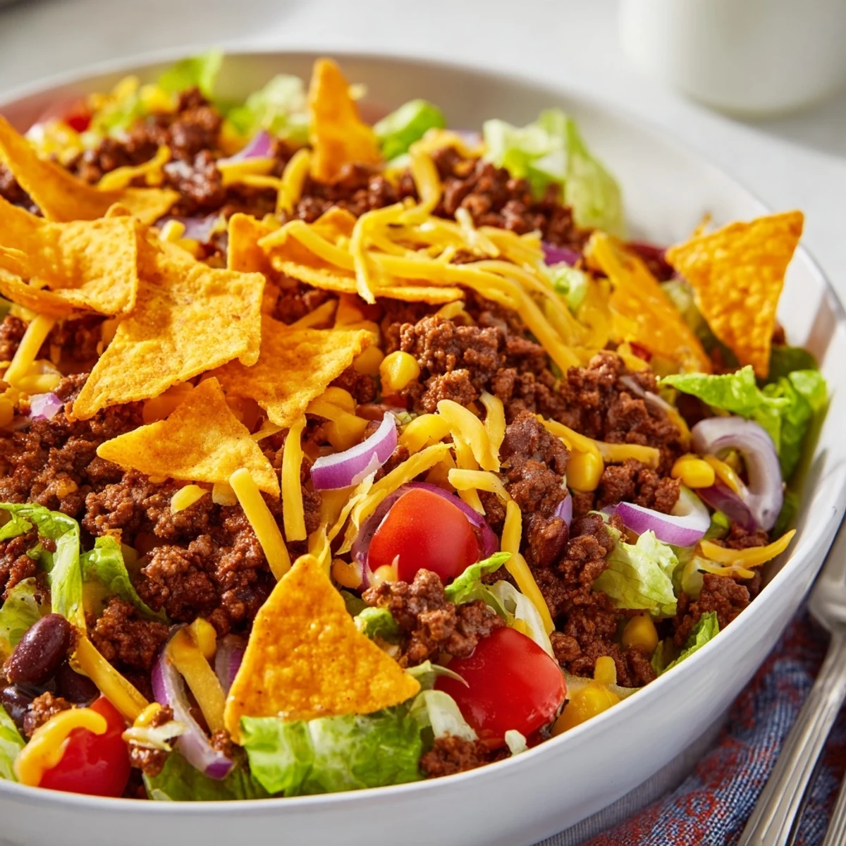 Simple Doritos Taco Salad with seasoned beef, crunchy chips, creamy ranch drizzle