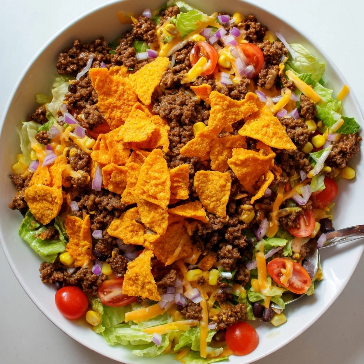 Bowl of Simple Doritos Taco Salad: crisp romaine, cheddar, warm taco beef