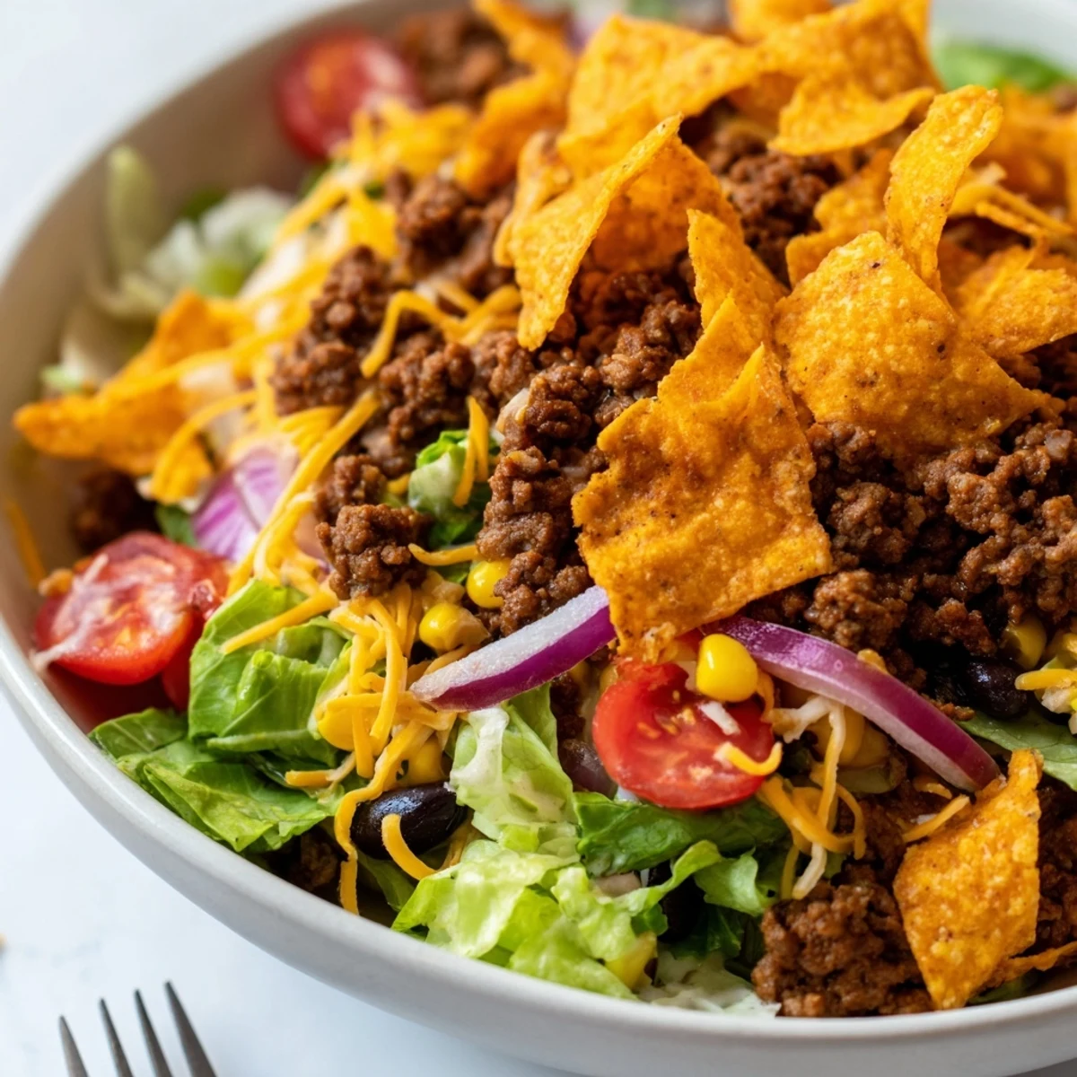Party-ready Simple Doritos Taco Salad piled high, tomatoes, beans, zesty dressing