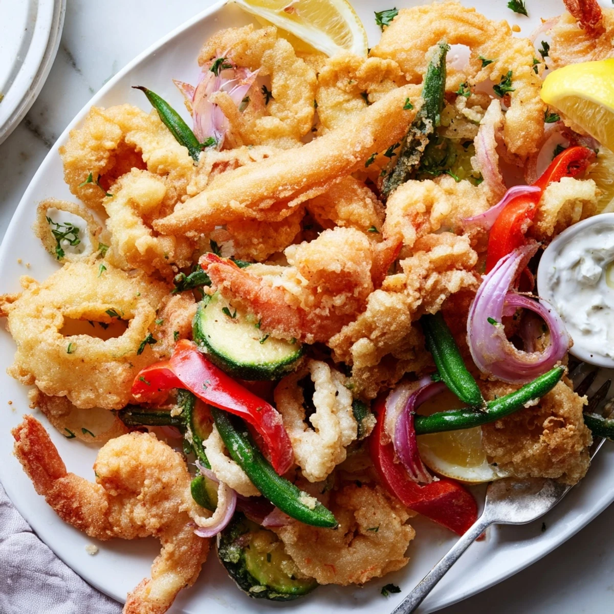 Crispy Shrimp Fritto Misto piled on platter, golden, crunchy, lemon wedges  