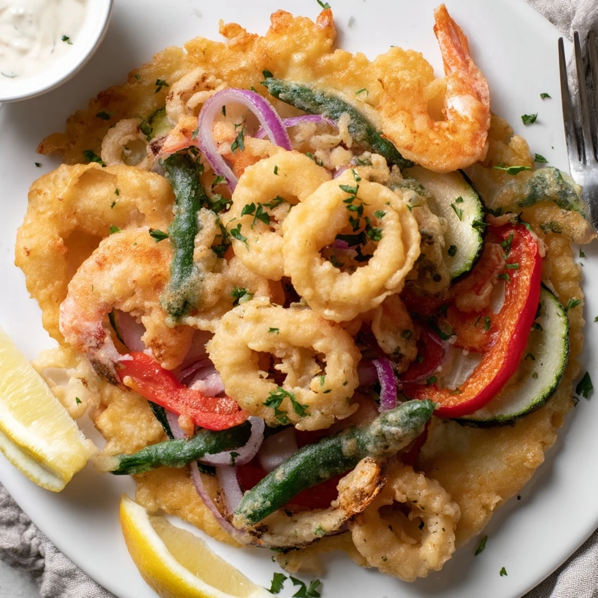 Crispy Shrimp Fritto Misto with parsley, hot from fryer, light airy batter  