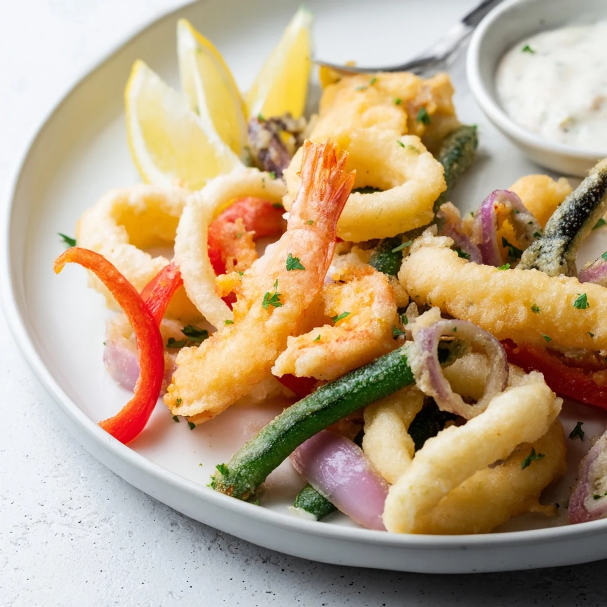 Crispy Shrimp Fritto Misto paired with creamy aioli, lemony tang, perfect for sharing