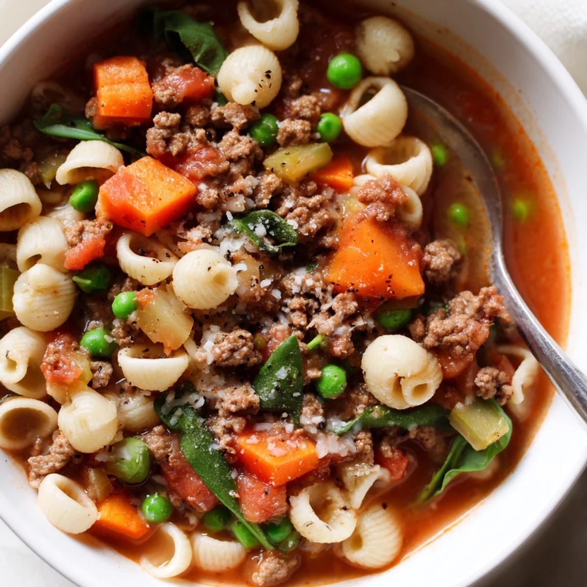 Delicious Homemade Ground Beef Pasta Soup Recipe For Comfort steaming bowl, savory, tender pasta