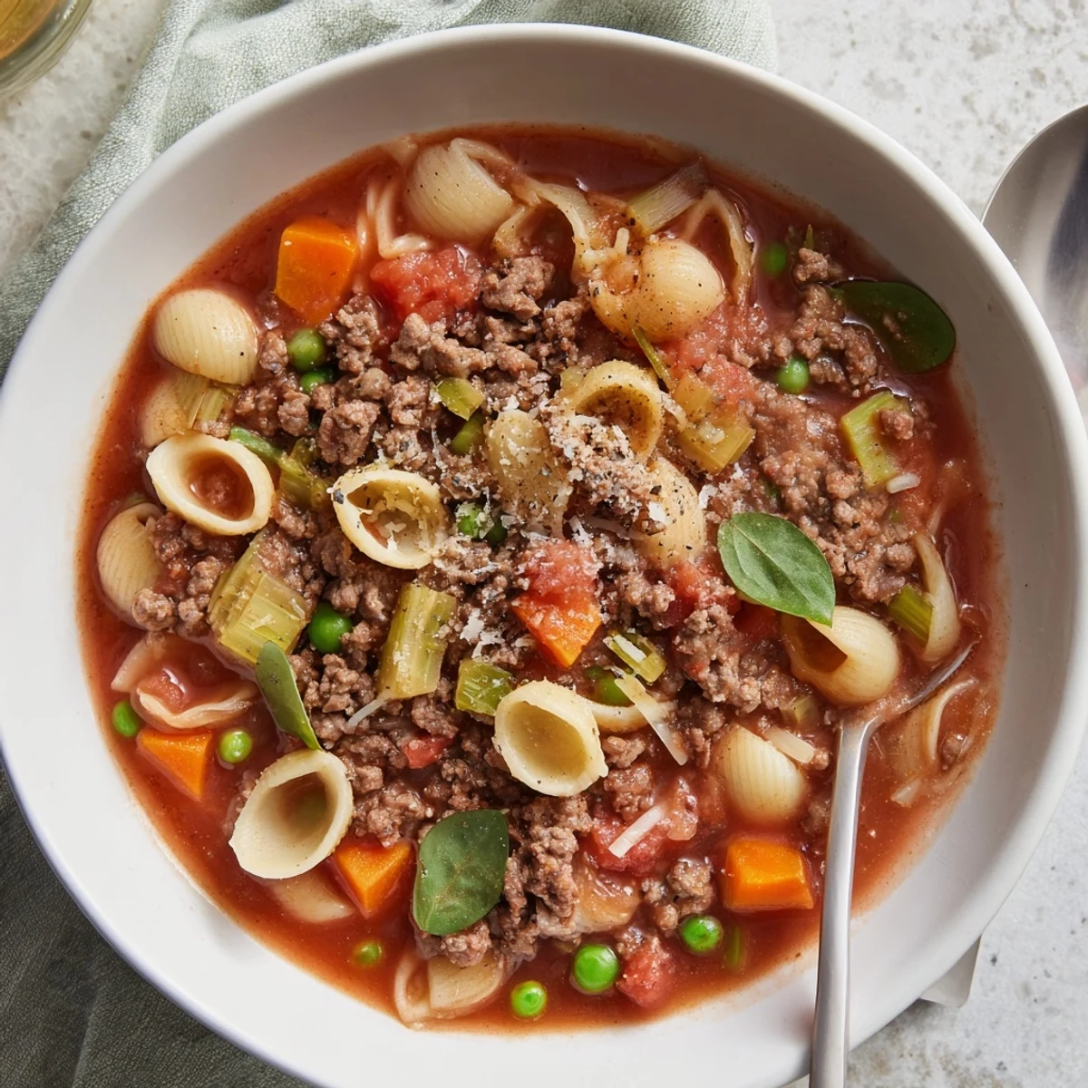 Delicious Homemade Ground Beef Pasta Soup Recipe For Comfort rustic kitchen, celery, aromatic broth