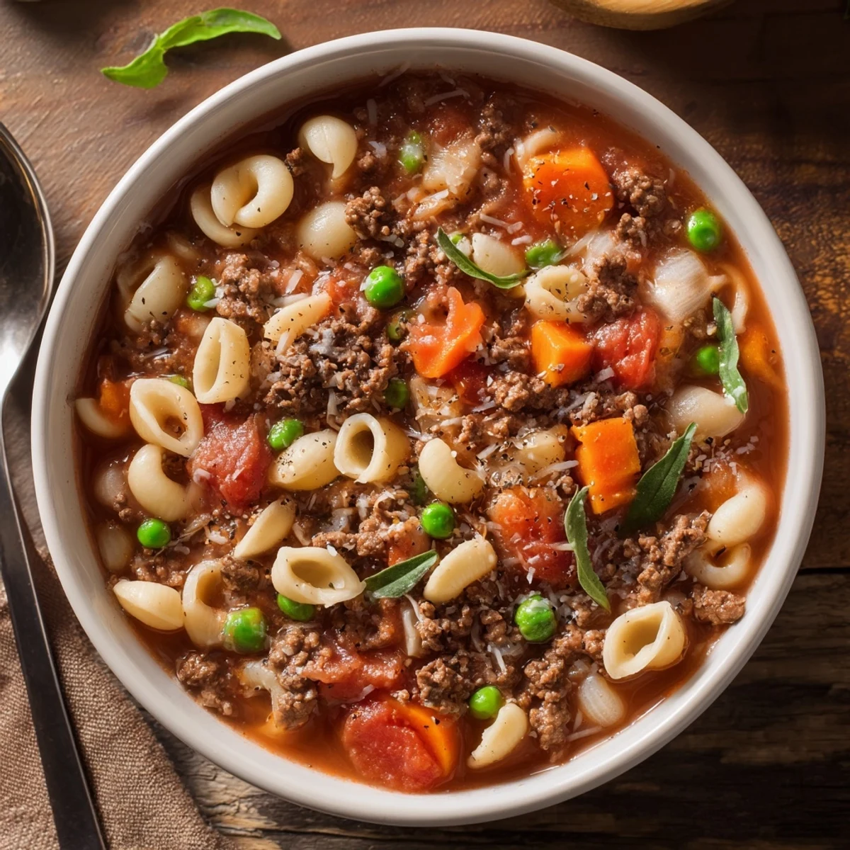 Delicious Homemade Ground Beef Pasta Soup Recipe For Comfort ladled hot with Parmesan