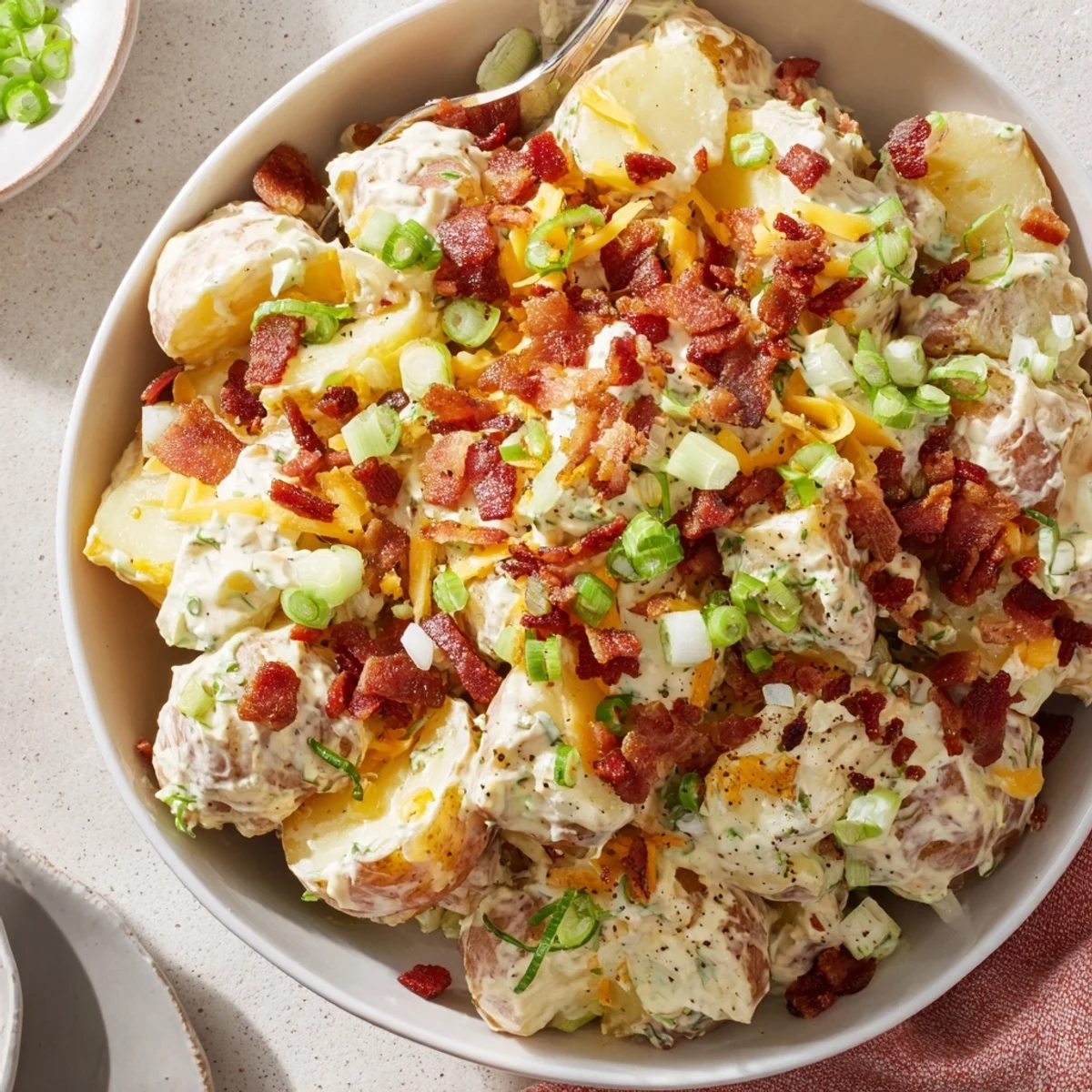 Beef Bacon Loaded Potato Salad shimmering with creamy dressing and crisp bacon