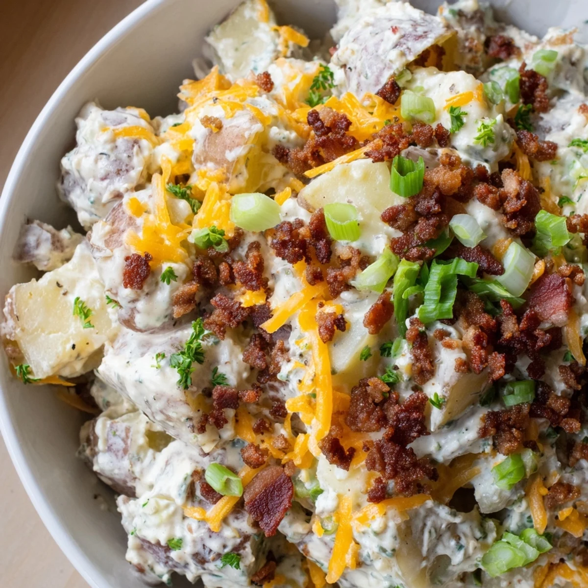 Heaping bowl of Beef Bacon Loaded Potato Salad topped with cheddar and parsley