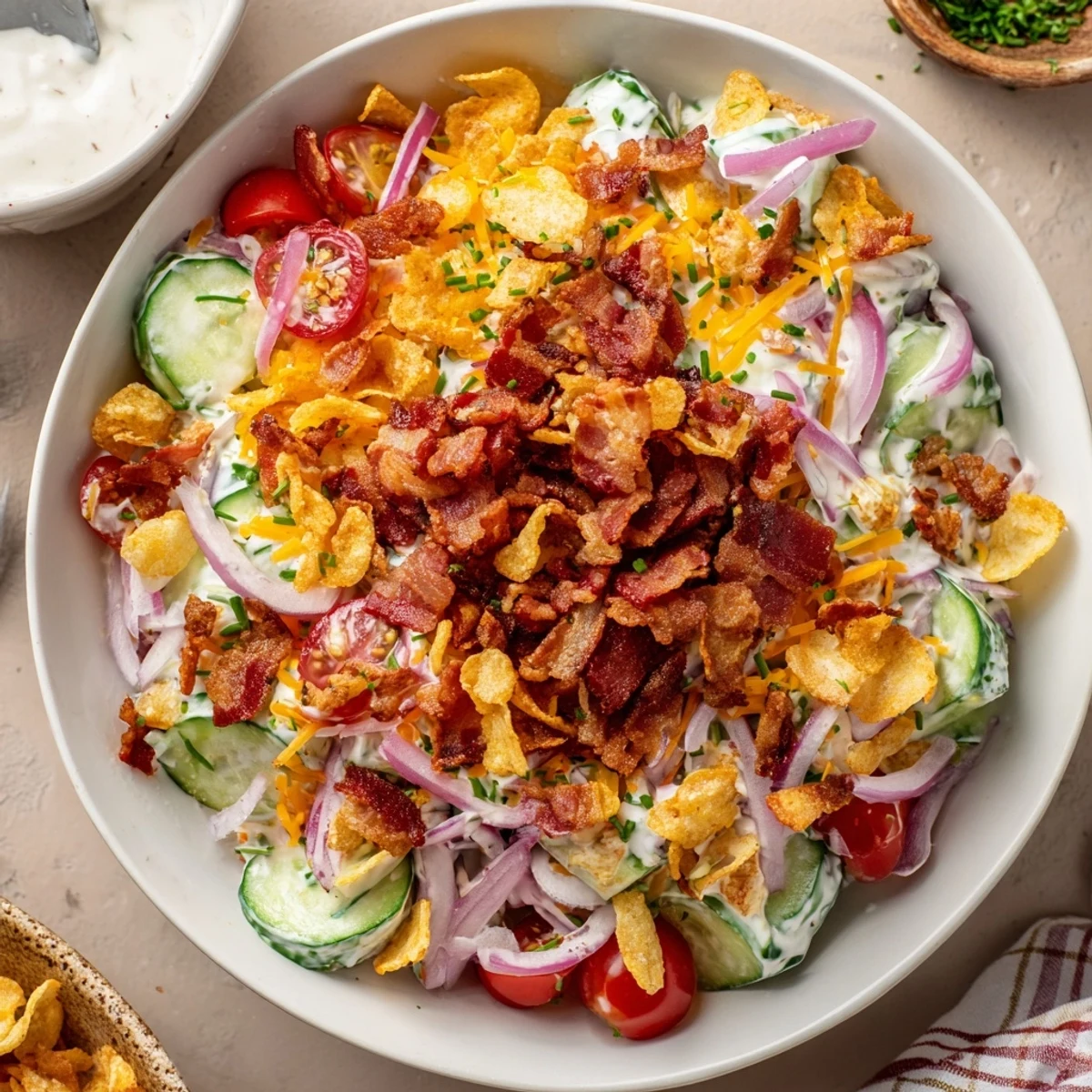 Bright Cucumber Ranch Crack Salad with diced cucumbers, cheddar, and chips