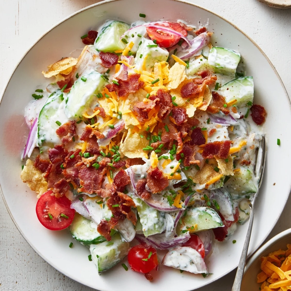 Cucumber Ranch Crack Salad piled in bowl, creamy ranch and crunchy bacon