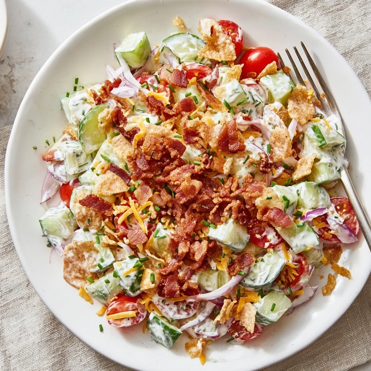 Chilled Cucumber Ranch Crack Salad ready for potluck, topped with fresh chives