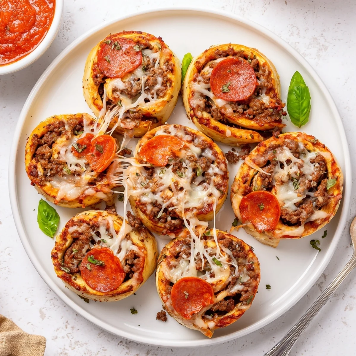 Warm Cheesy Beef Pepperoni Pizza Roll Ups Snack Recipe on parchment, sauce for dipping