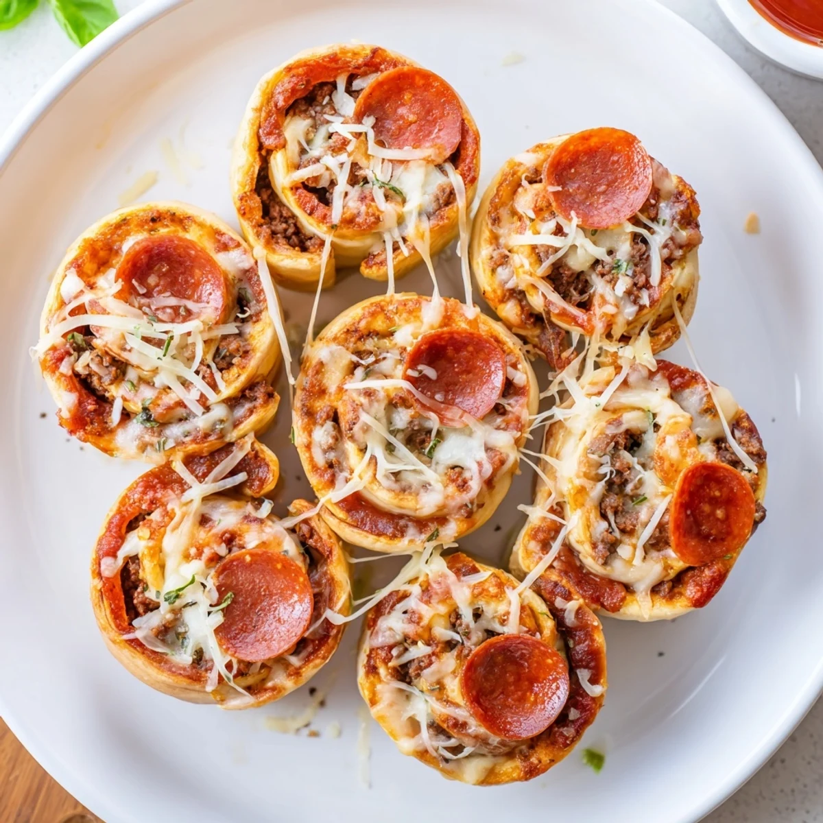 Family-style Cheesy Beef Pepperoni Pizza Roll Ups Snack Recipe, crispy edges, gooey center