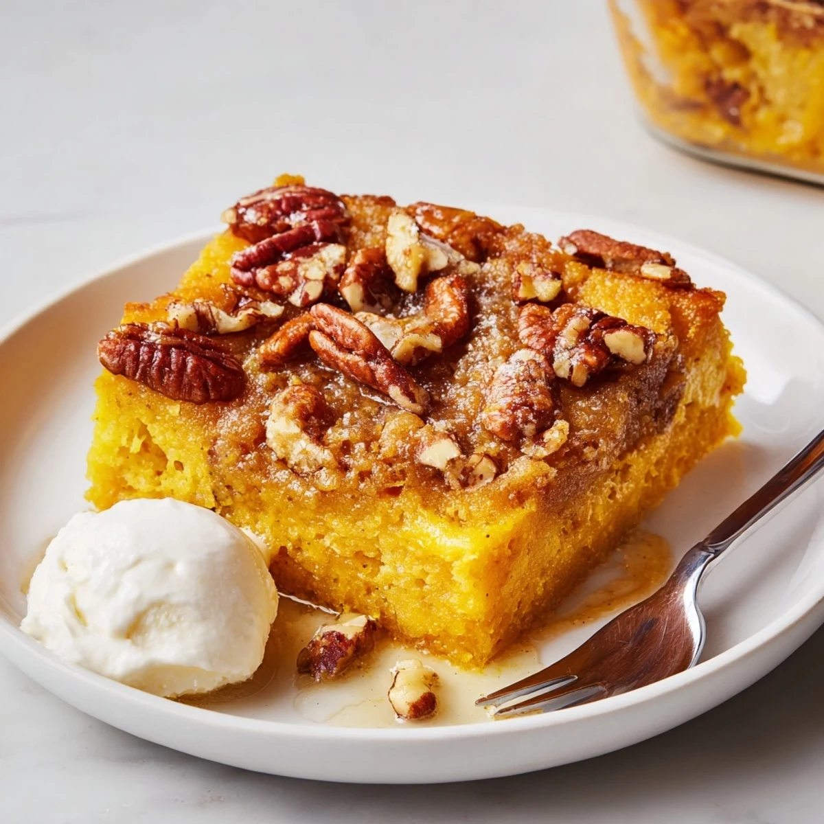 Pumpkin Dump Cake with golden pecan topping, warm, spiced aroma, scoop-ready
