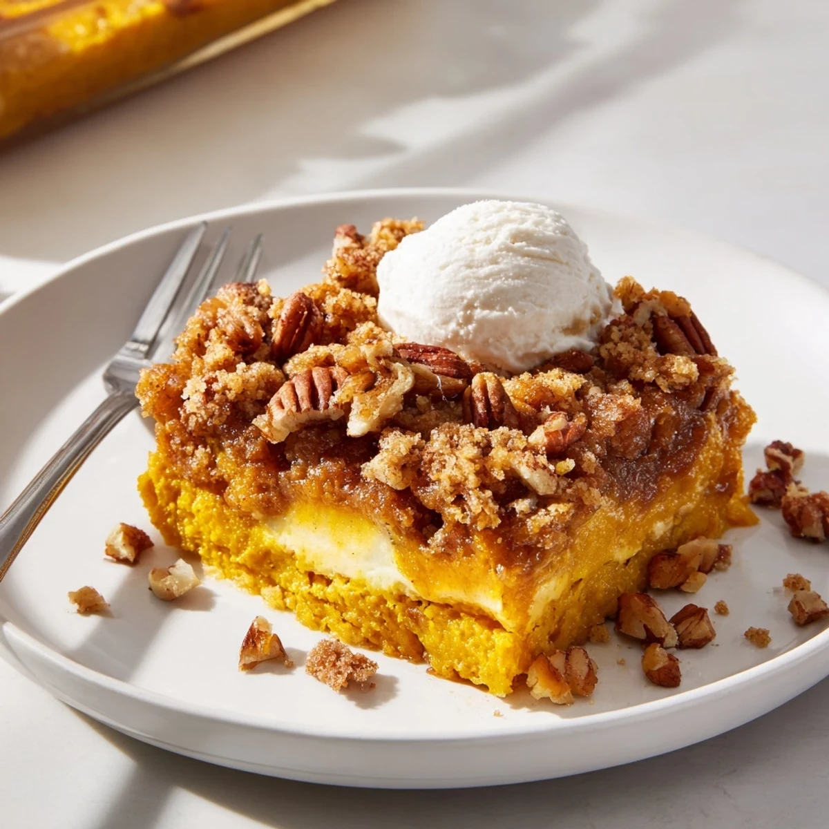 Homestyle Pumpkin Dump Cake cooling in 9x13 pan, ready for ice cream