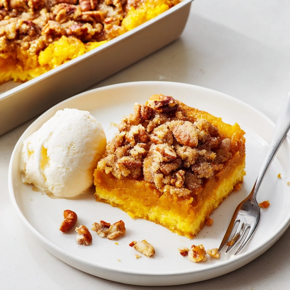 Creamy spiced Pumpkin Dump Cake slice topped with whipped cream, buttery crumbs