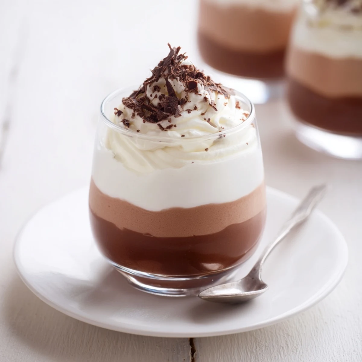 A close-up of Triple Chocolate Mousse Cups garnished with shaved chocolate