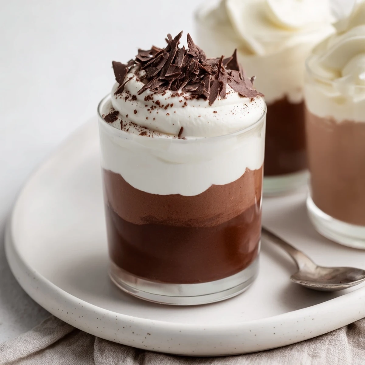 Triple Chocolate Mousse Cups with silky dark, milk, and white mousse layers