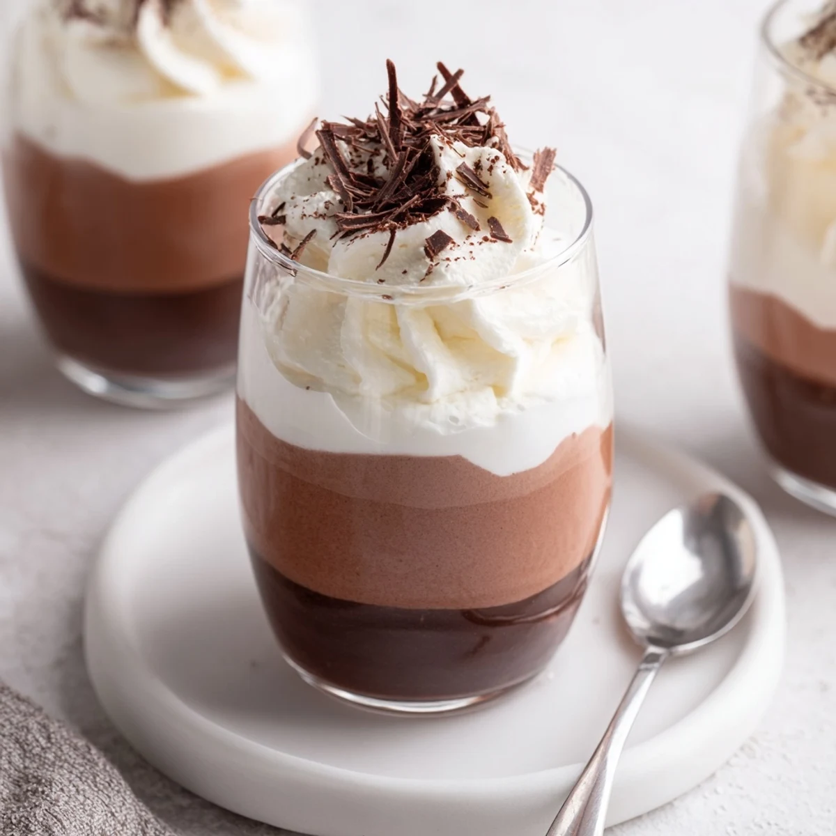 Serve Triple Chocolate Mousse Cups in clear glasses for elegant dessert presentation