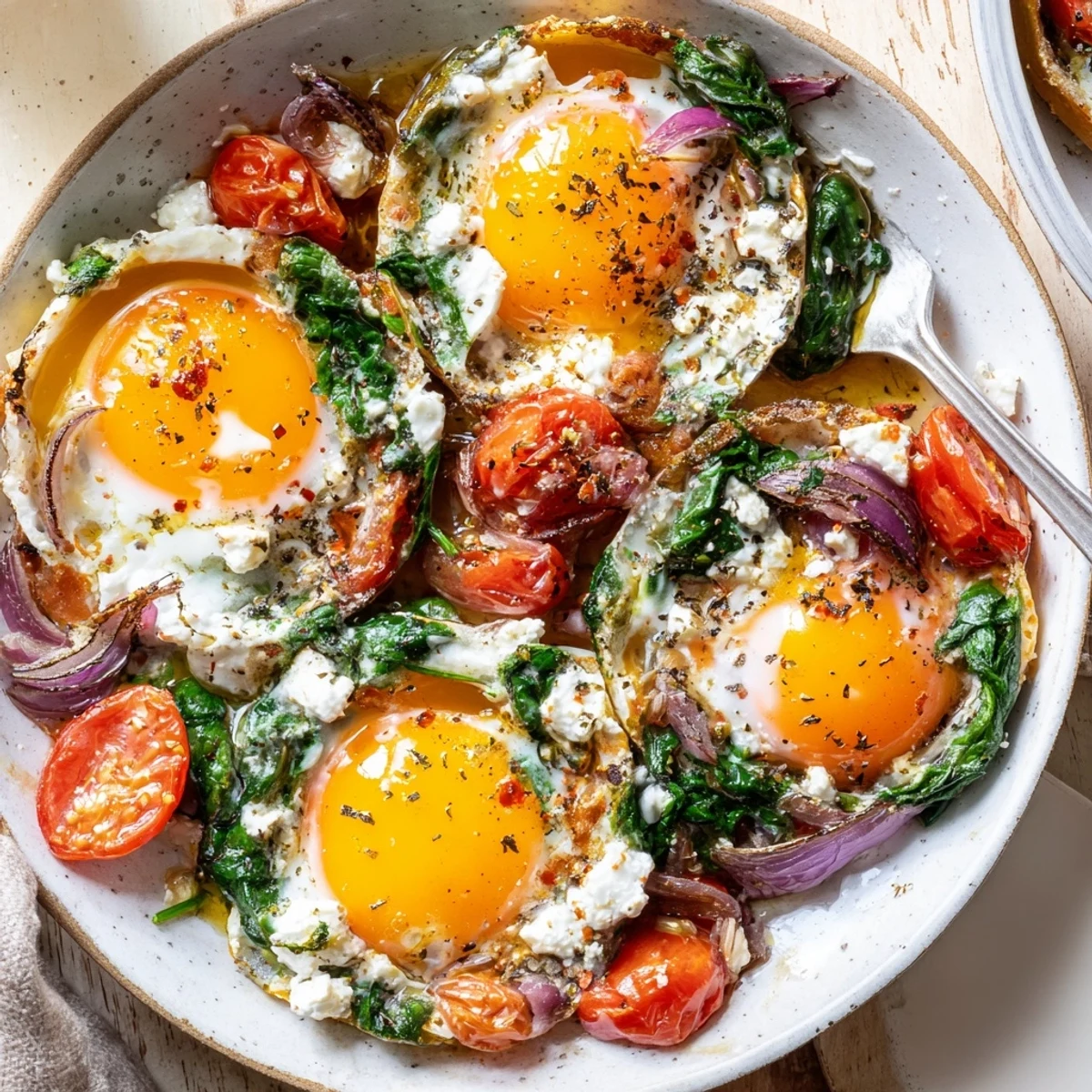Baked Feta Eggs With Tomatoes And Spinach bubbling in skillet, creamy feta yolks