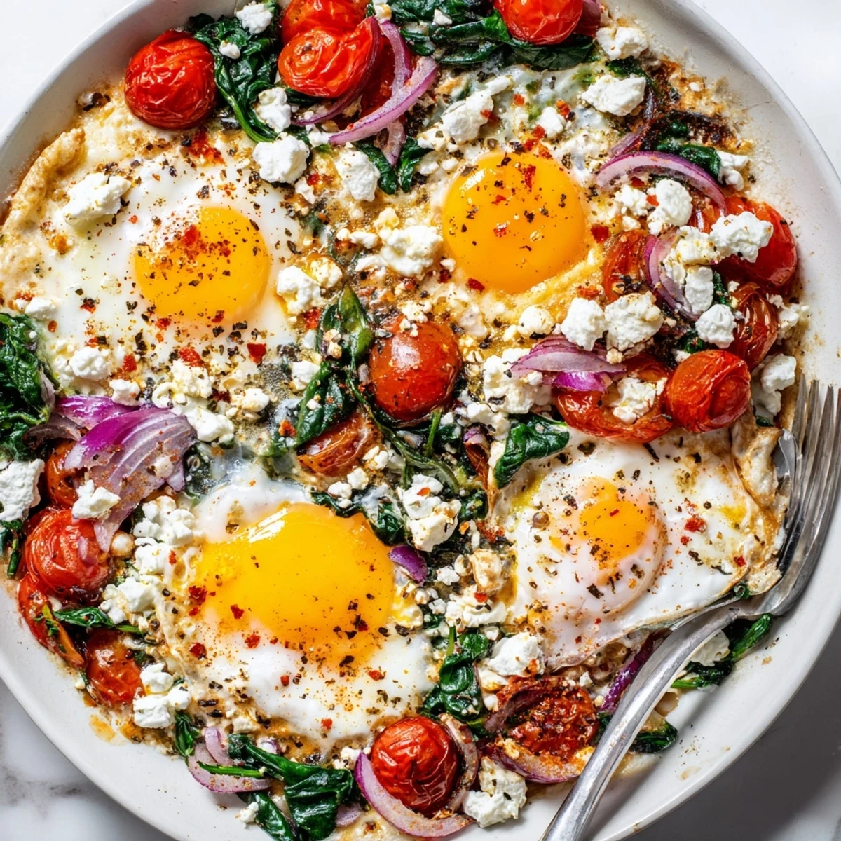 Roasted cherry tomatoes surround Baked Feta Eggs With Tomatoes And Spinach, fragrant oregano