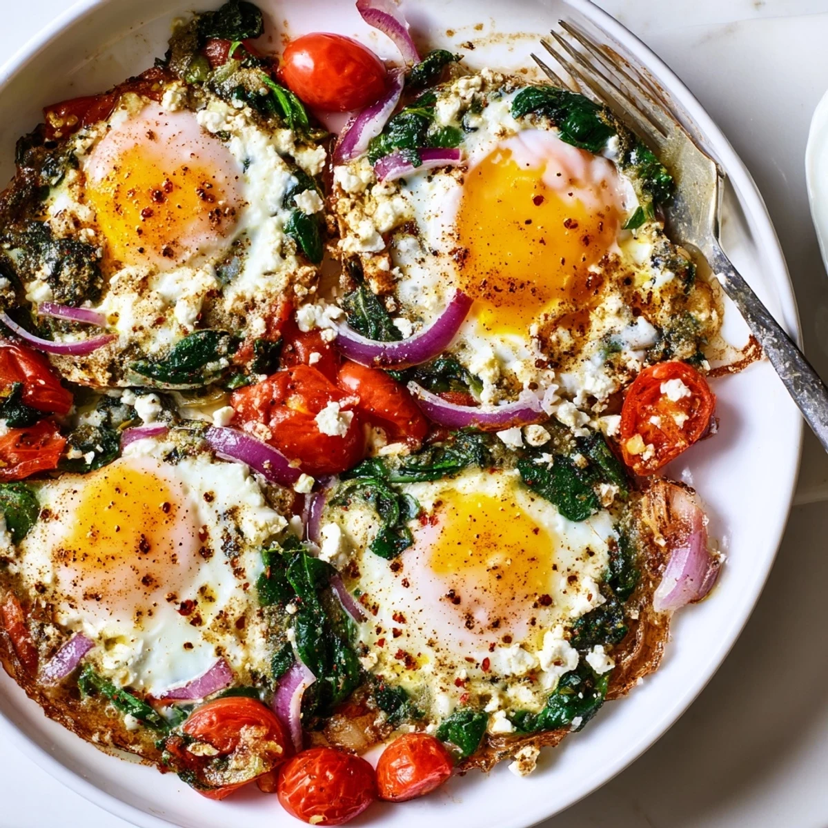 Warm Baked Feta Eggs With Tomatoes And Spinach served with crusty pita