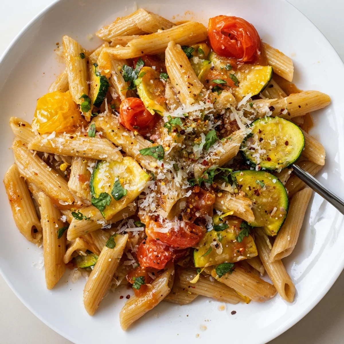Tomato Zucchini Pasta steaming in skillet with bright basil and grated Parmesan