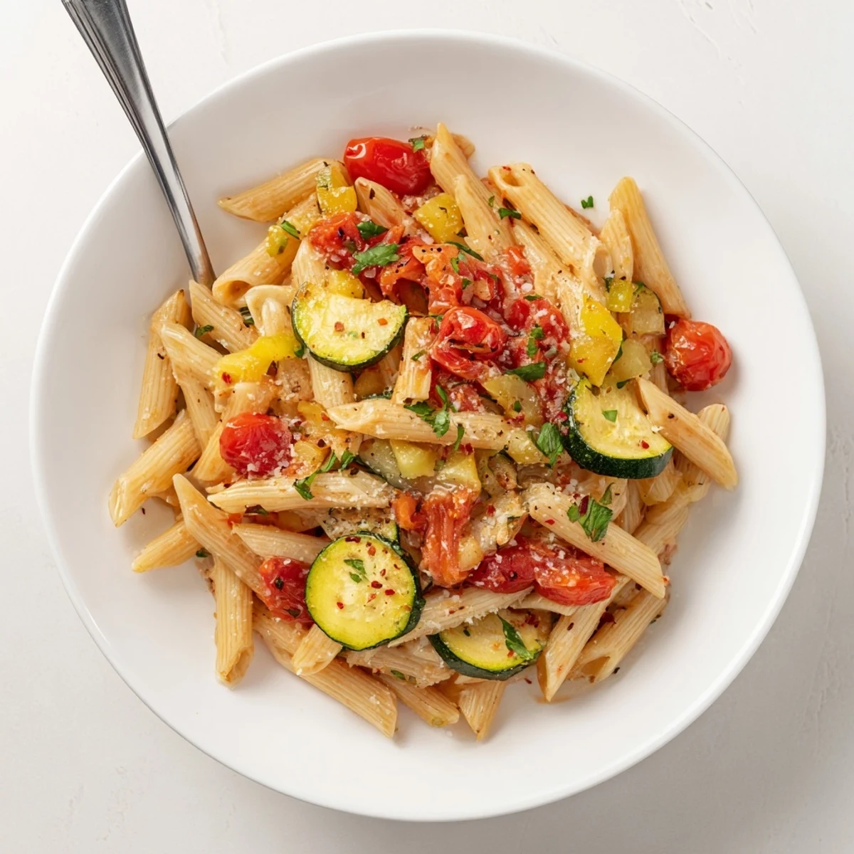 Silky Tomato Zucchini Pasta tossed in olive oil, garlic, and chili flakes