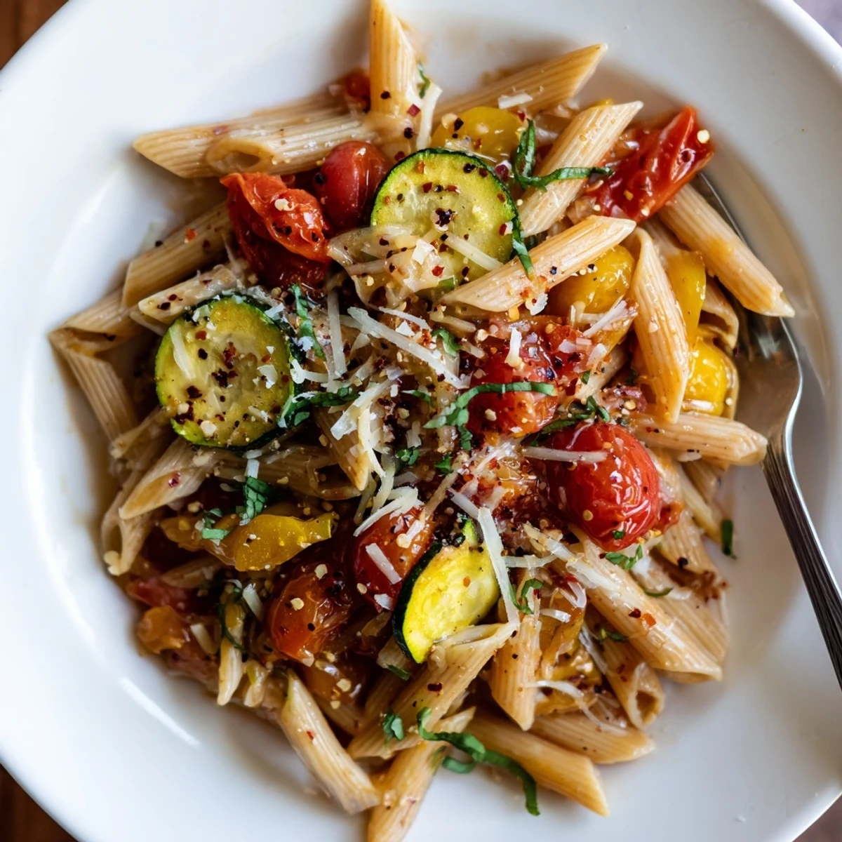 Tomato Zucchini Pasta plated with lemon wedge and crusty bread, summer flavors
