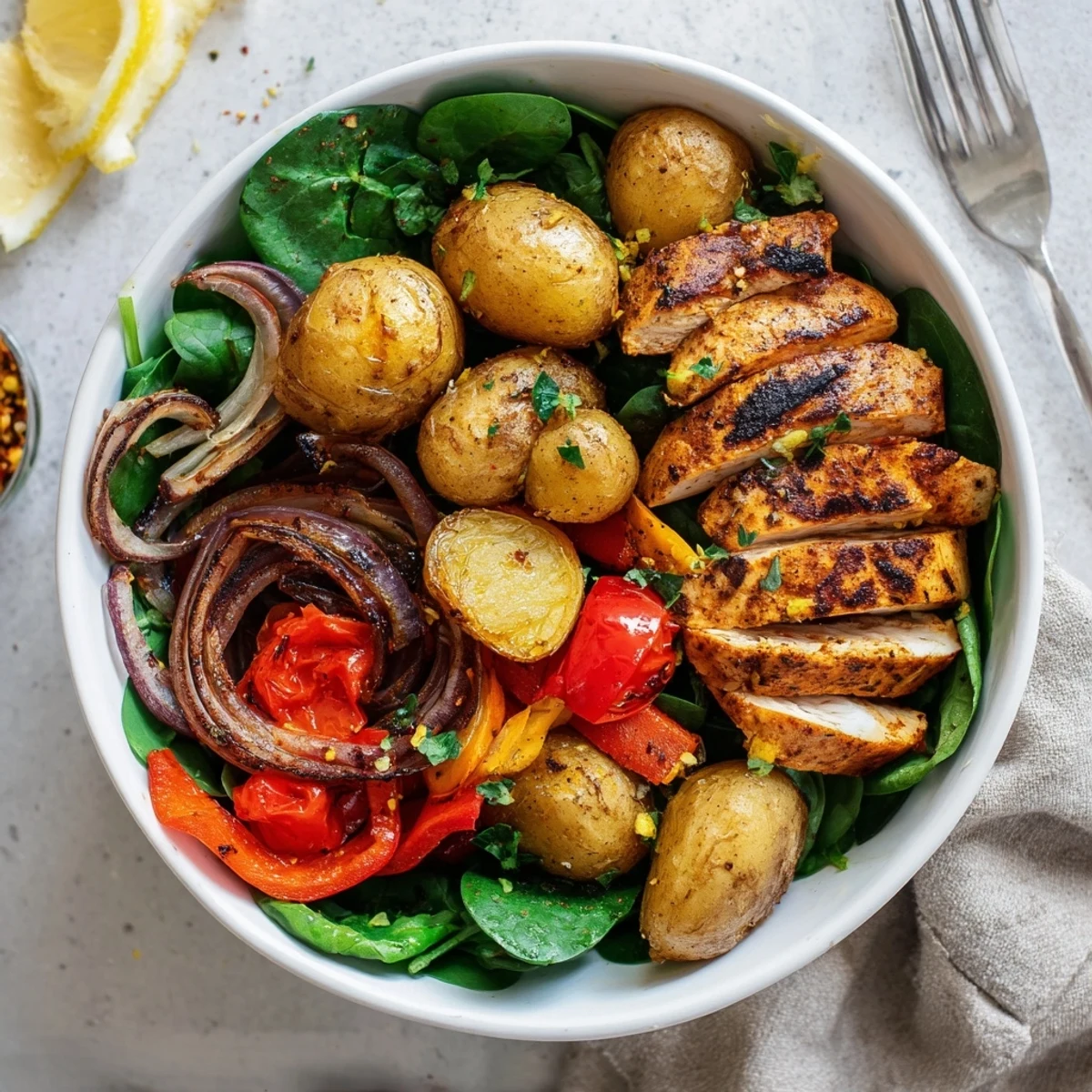 Skinny Chicken And Roasted Potato Bowl with lemony grilled chicken and golden potatoes