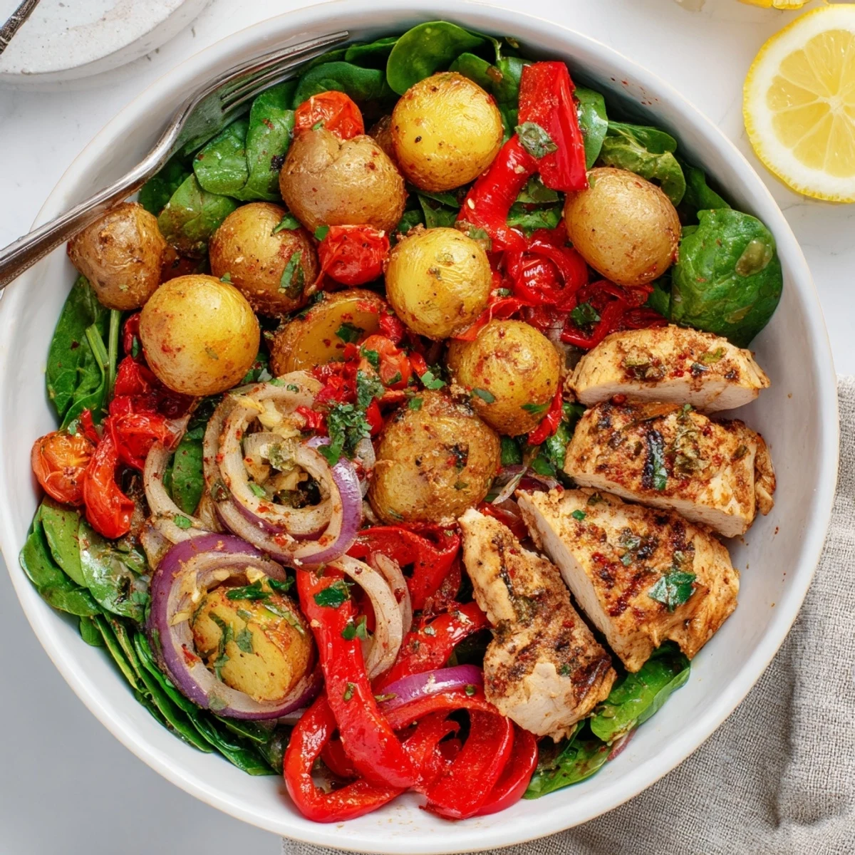 A Skinny Chicken And Roasted Potato Bowl layered over spinach, warm and vibrant