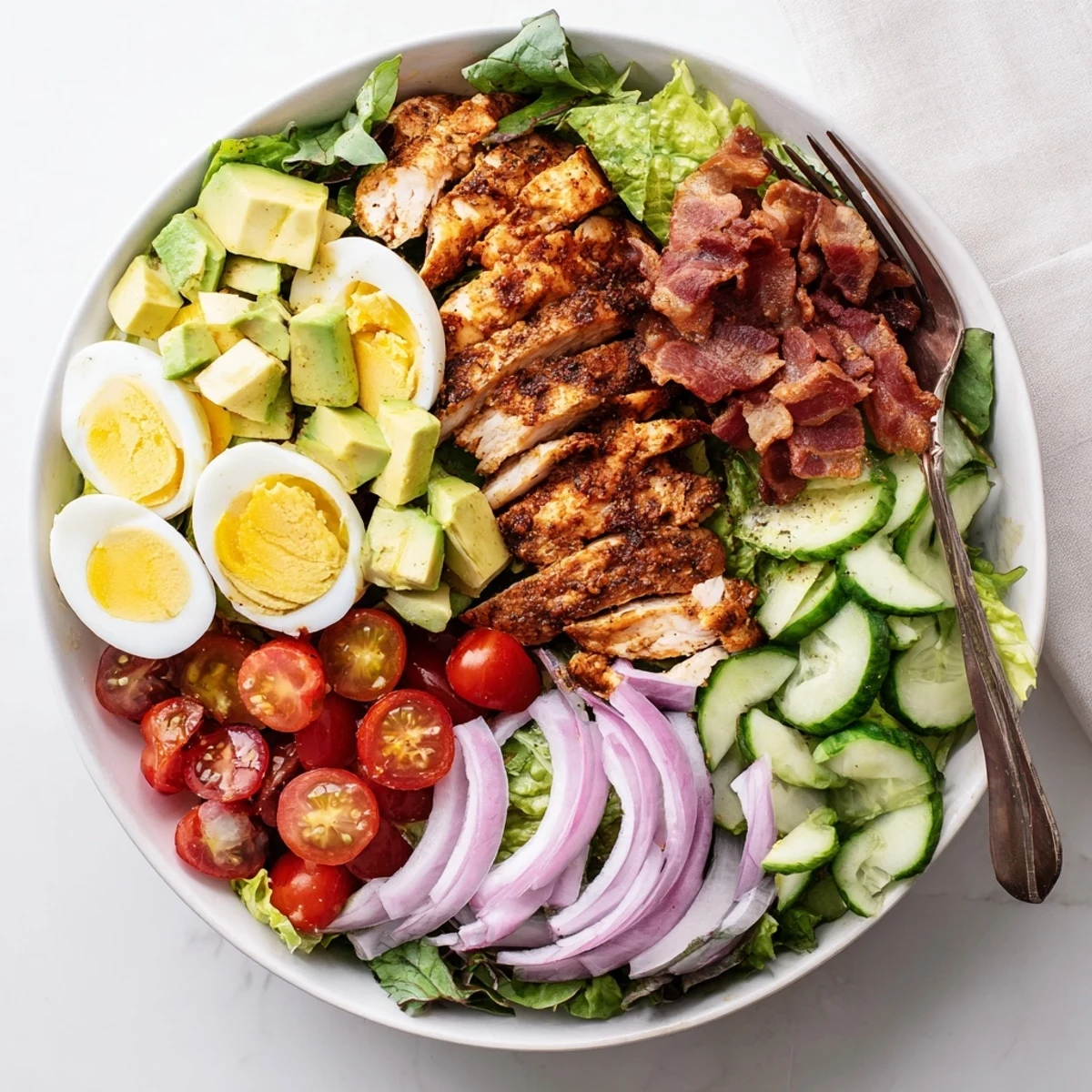 Sliced grilled chicken atop a vibrant Paleo Cobb Salad with hard-boiled eggs and crisp bacon