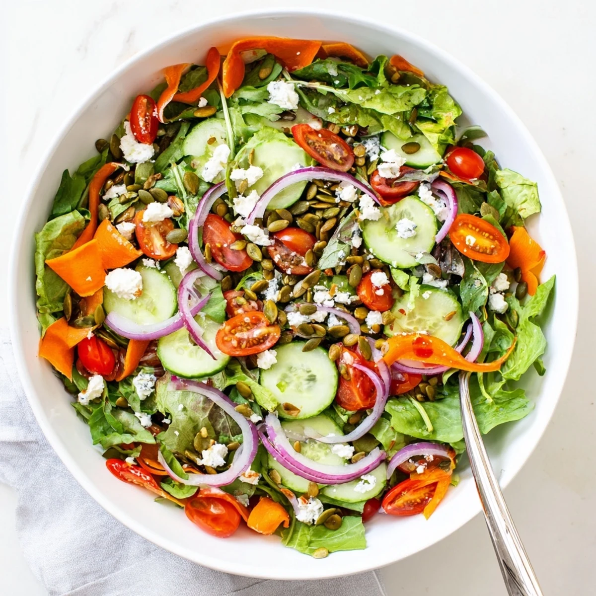 Colorful garden salad bowl filled with fresh mixed greens, cherry tomatoes, cucumber, and red onion drizzled with light vinaigrette dressing