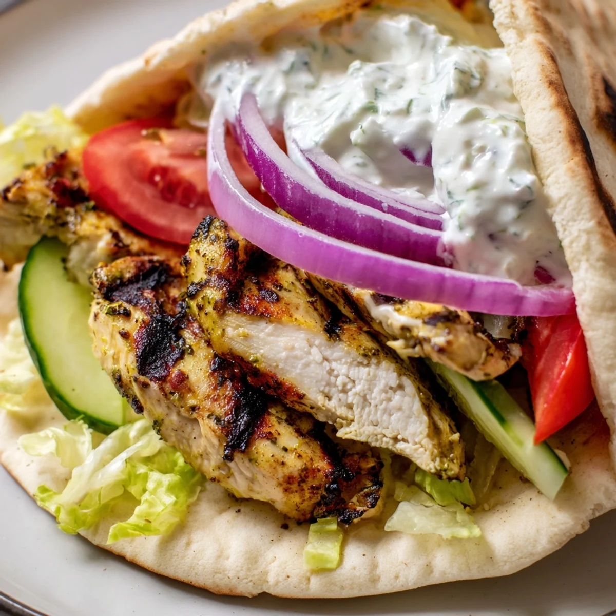 Golden Greek grilled chicken pita stuffed with fresh vegetables and creamy tzatziki sauce