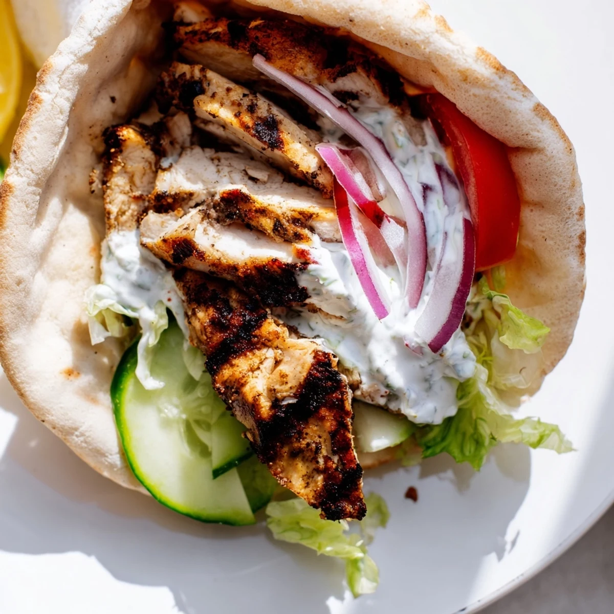 Savory Greek grilled chicken pita sandwich topped with red onion, tomatoes, and tangy yogurt sauce