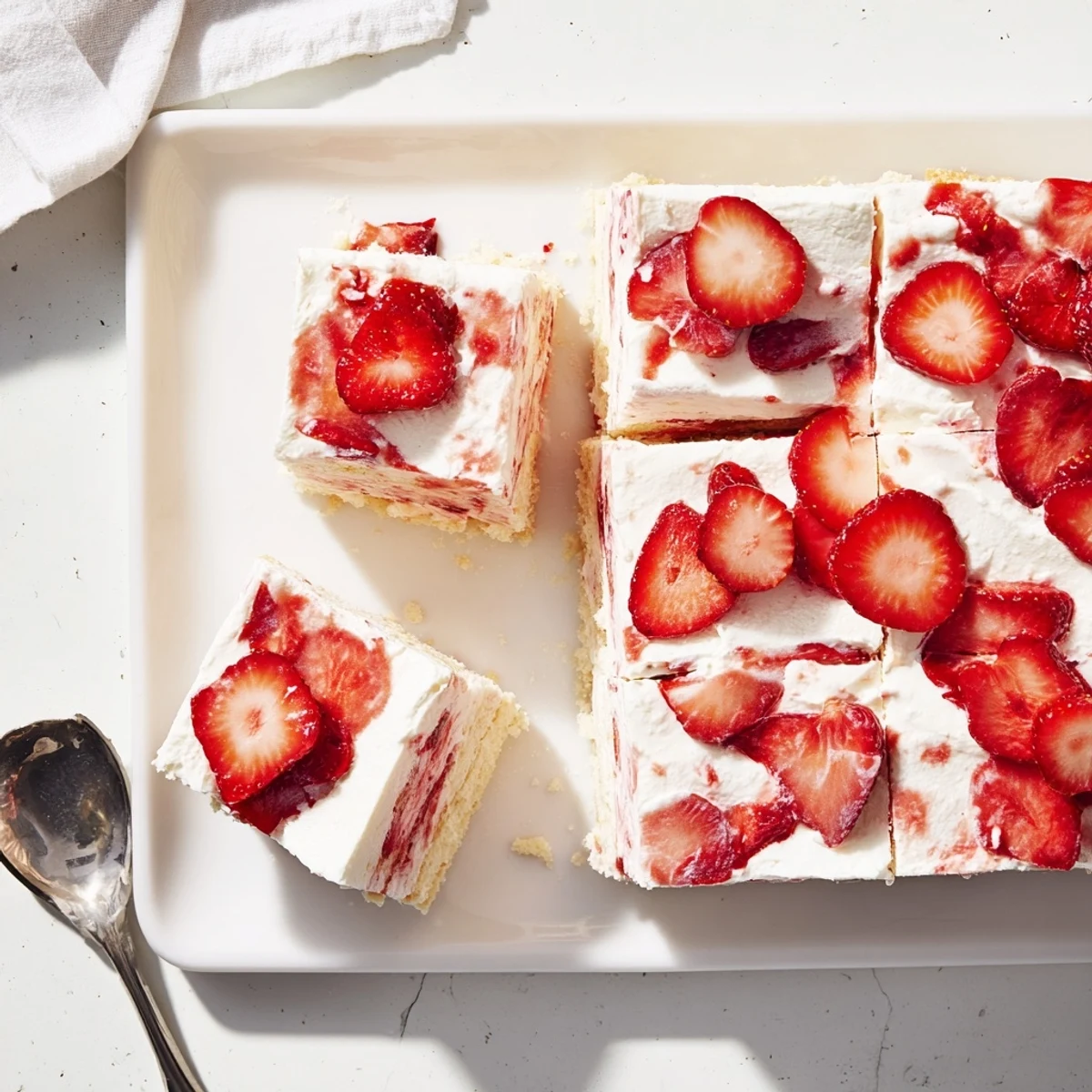 Luscious no bake strawberry shortcake dessert with creamy layers and juicy red berries