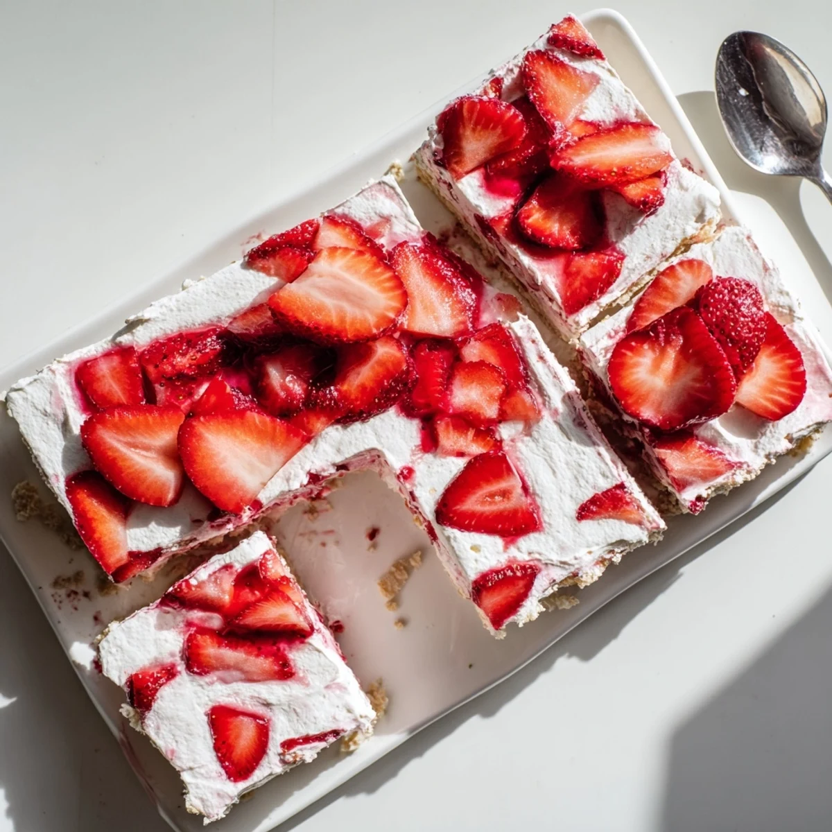 Square slice of no bake strawberry shortcake featuring whipped cream and macerated strawberries