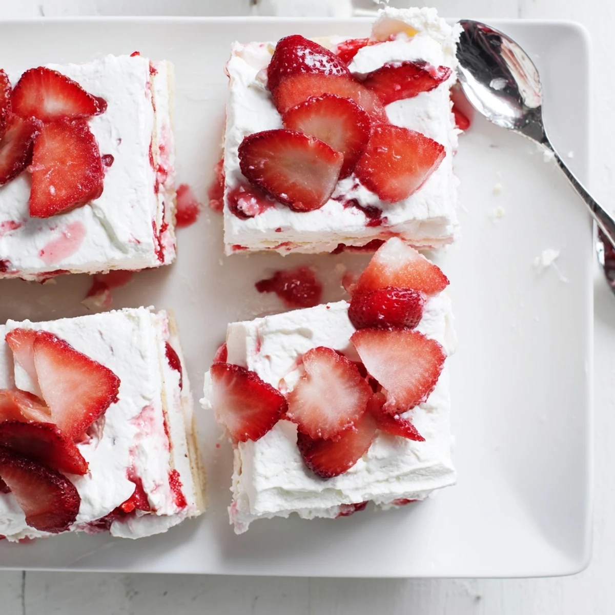 Chilled no bake strawberry shortcake dessert stacked with cookies and fresh strawberry topping