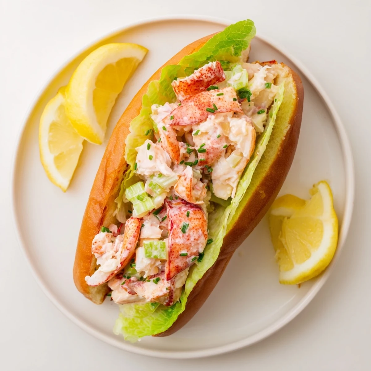 Golden toasted split-top bun overflowing with creamy Maine style lobster rolls and fresh chives