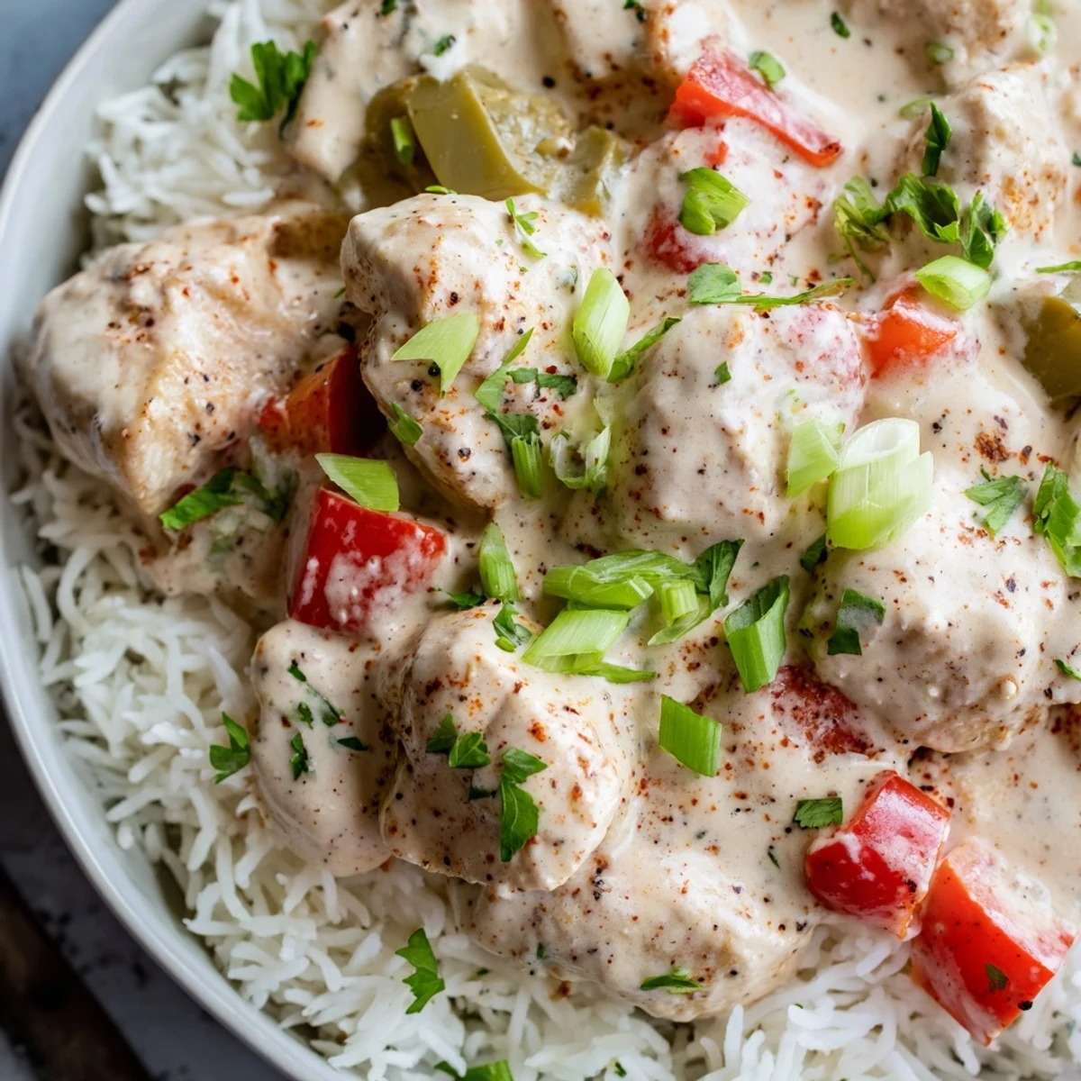 Golden spicy chicken pieces smothered in cream sauce served over steaming rice in a comforting bowl