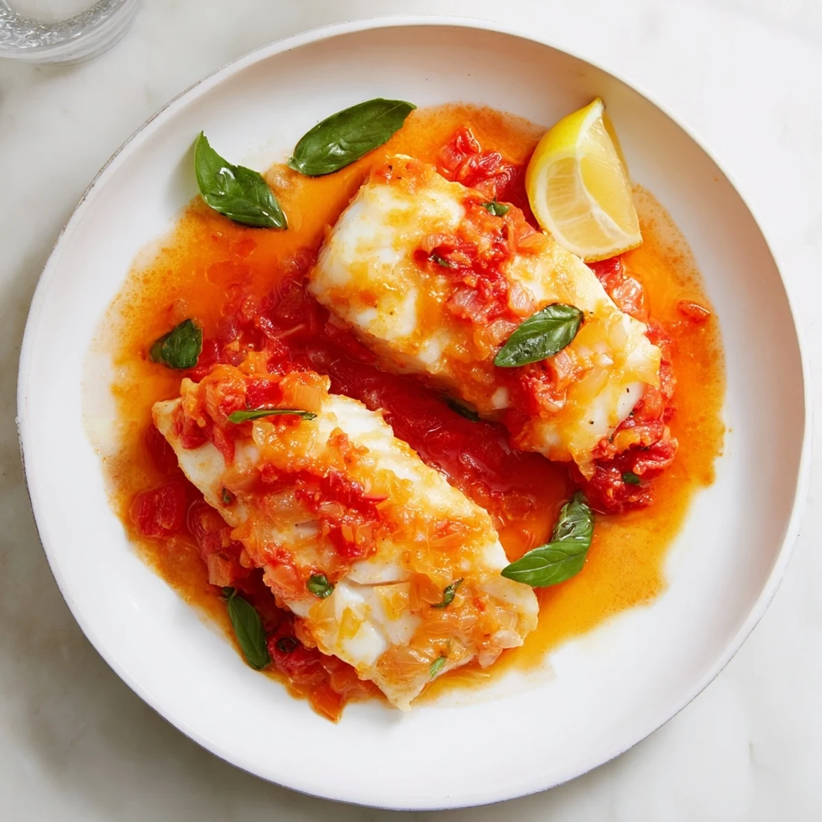 Golden halibut fillets poached in vibrant tomato-butter sauce with fresh basil garnish