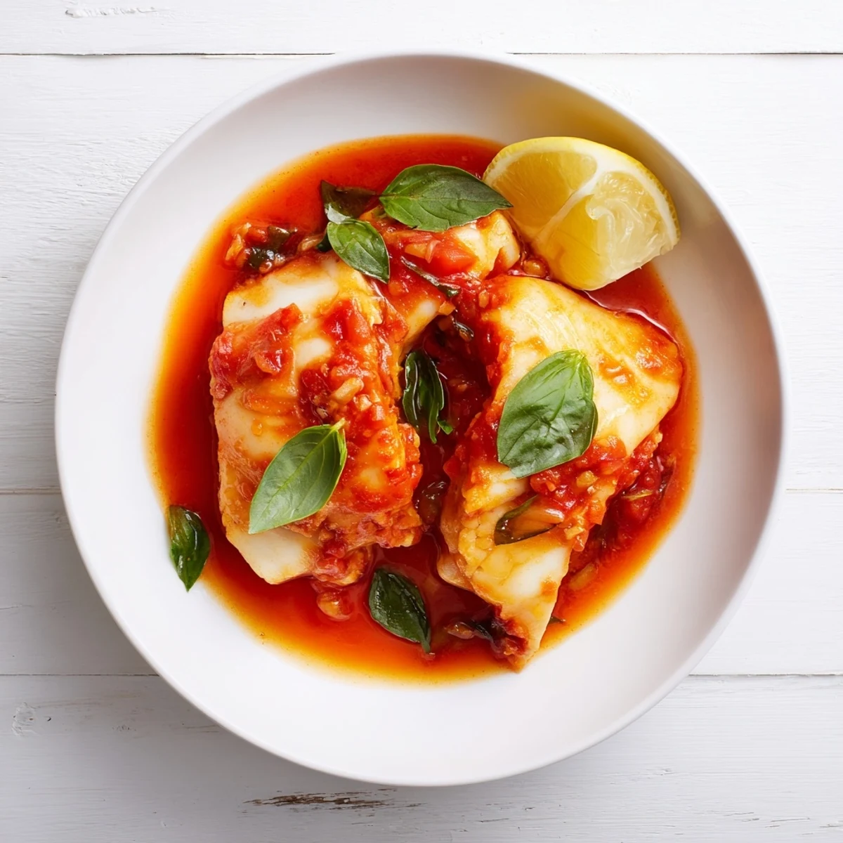 Flaky white halibut fillets finished on the grill with silky tomato basil butter sauce