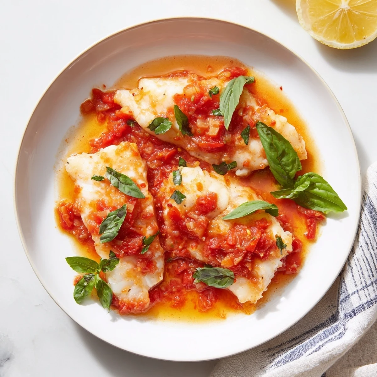 Succulent grilled halibut swimming in rich tomato butter sauce topped with lemon wedges