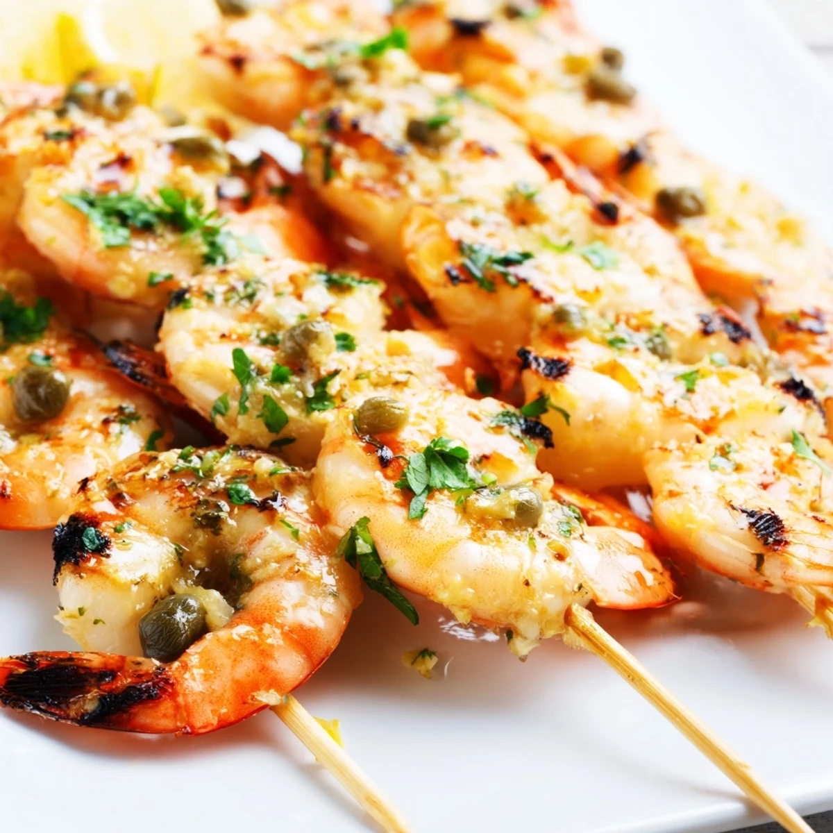 Juicy shrimp threaded on skewers, grilled to perfection and drizzled with caper piccata sauce