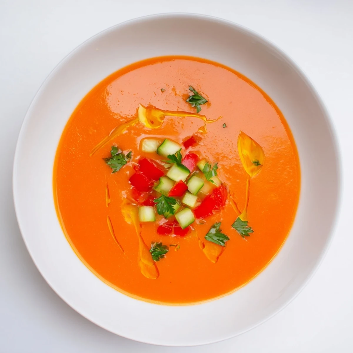 Chilled gazpacho soup topped with fresh diced vegetables and fragrant basil leaves